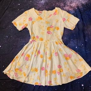 Vintage Floral Cottagecore A-Line Cream Dress Soft Pink Orange Roses Sz M